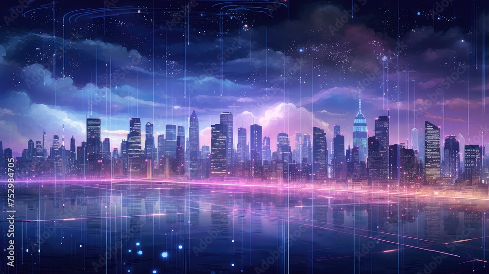 Futuristic Cityscape with Vibrant Digital Enhancements