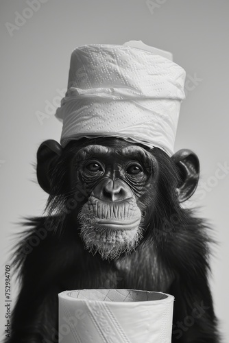 Wallpaper Mural Toilet paper roll balancing on monkey head. An ironic and humorous image of a monkey, its face censored, with a roll of toilet paper perfectly balanced on its head Torontodigital.ca