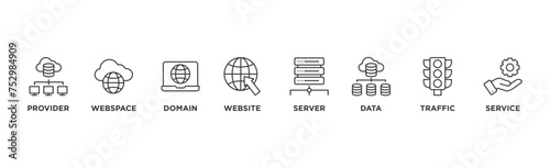 Web hosting banner web icon illustration concept with icon of provider, webspace, domain, website, server, data, traffic and service
