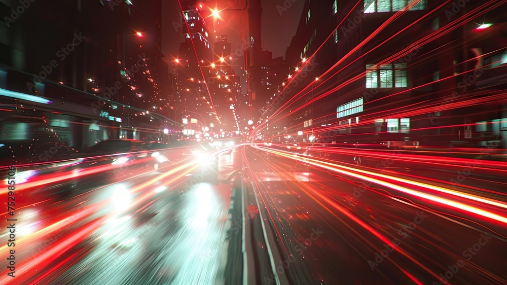 Vibrant city night scene with car trails, abstract lights, long exposure, realistic urban landscape