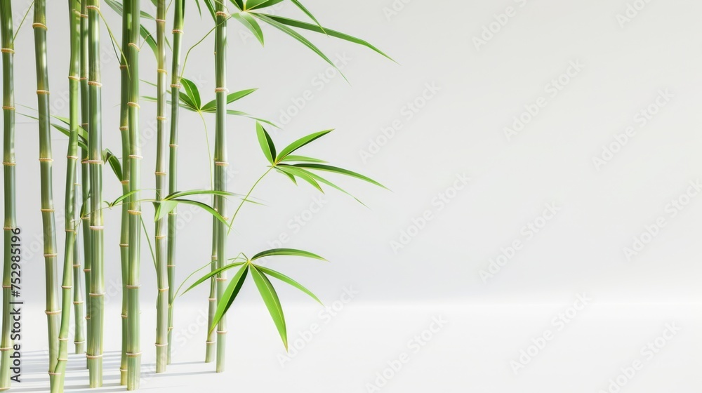 Fototapeta premium A white background with bamboo illuminated by studio lighting,