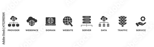 Web hosting banner web icon illustration concept with icon of provider, webspace, domain, website, server, data, traffic and service