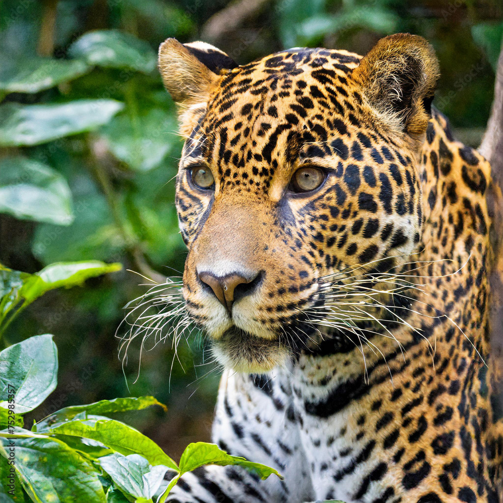 Obraz premium A captivating close-up of a jaguar, its gaze piercing through the surroundings, showcasing its majestic beauty