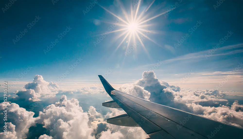 A breathtaking view of a cloud landscape seen from an airplane window, with the sun shining brightly above