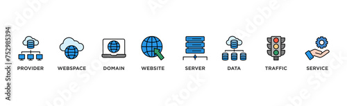 Web hosting banner web icon illustration concept with icon of provider, webspace, domain, website, server, data, traffic and service