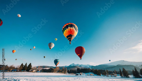 A group of hot air balloons floating over a winter landscape, their vibrant colors contrasting beautifully with the snowy surroundings