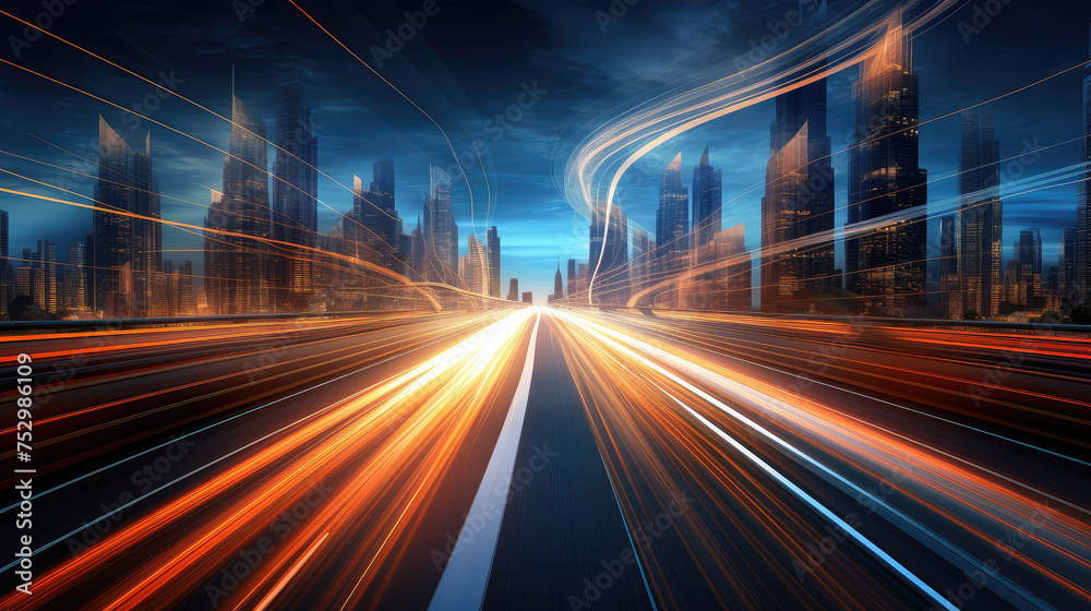 Futuristic Cityscape with Speeding Traffic at Twilight Futuristic Cityscape with Speeding Traffic at Twilight