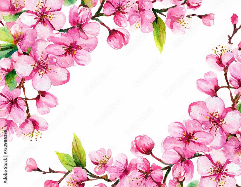 Obraz premium Cherry blossom frame. Spring blooming pink japanese sakura flowers. Watercolor hand painted illustration. Festive decorations for wedding, holiday, postcard, poster and design