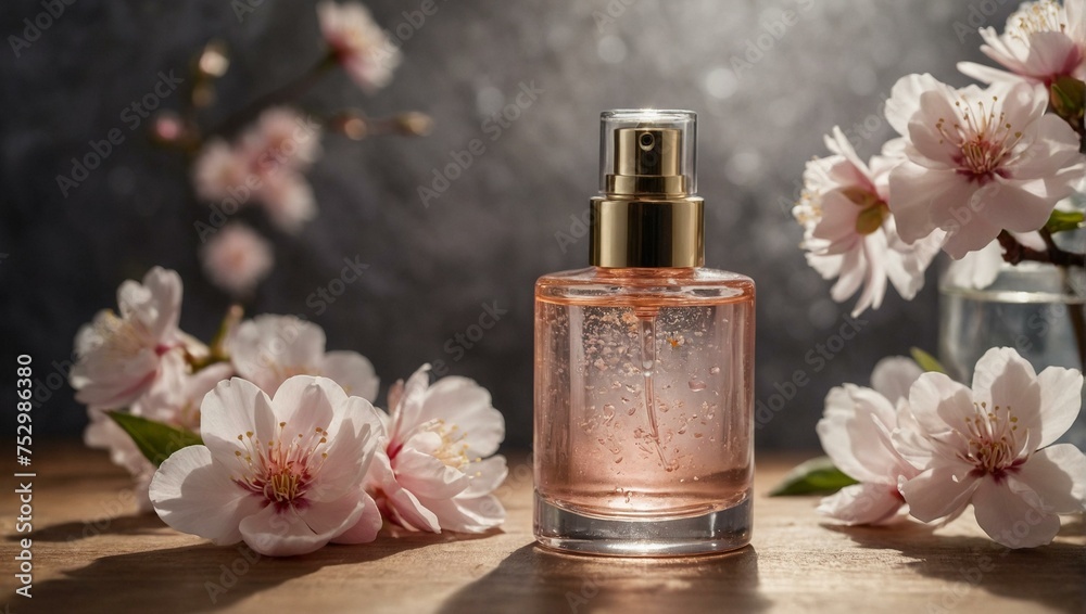 A clear perfume bottle surrounded by delicate cherry blossoms on a wooden table with ambient lighting A clear perfume bottle surrounded by delicate cherry blossoms on a wooden table with ambient lighting
