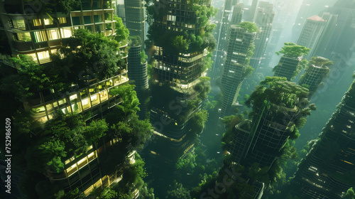 A futuristic cityscape seamlessly integrates with nature, where towering skyscrapers are adorned with lush vertical gardens and verdant rooftops