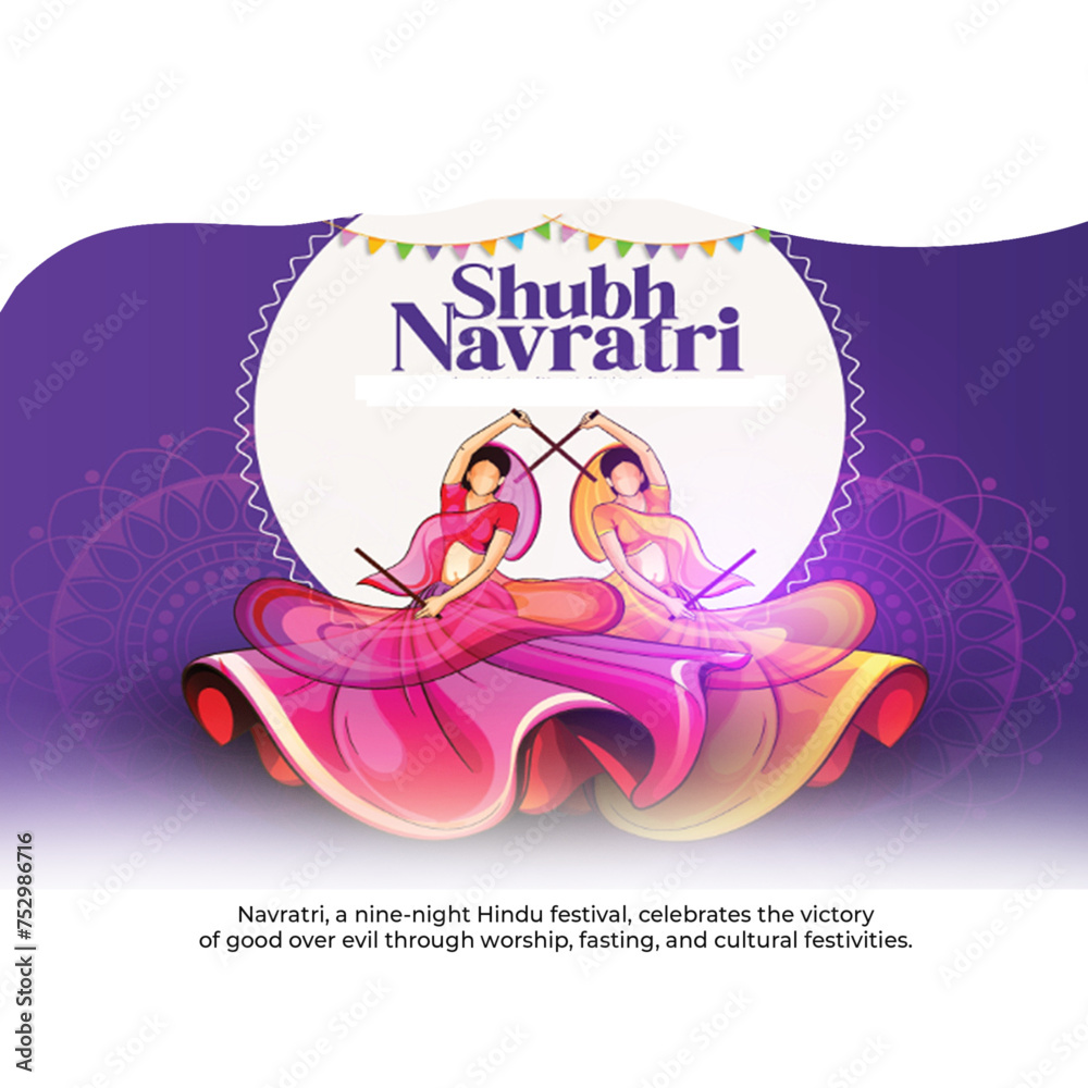 Shubh Navratri card with a purple background, featuring a goddess ...