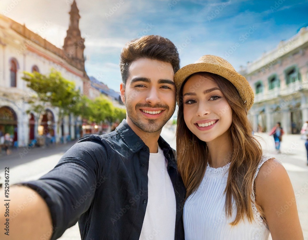 Happy young couple in vacation tour love taking selfie phone together in city