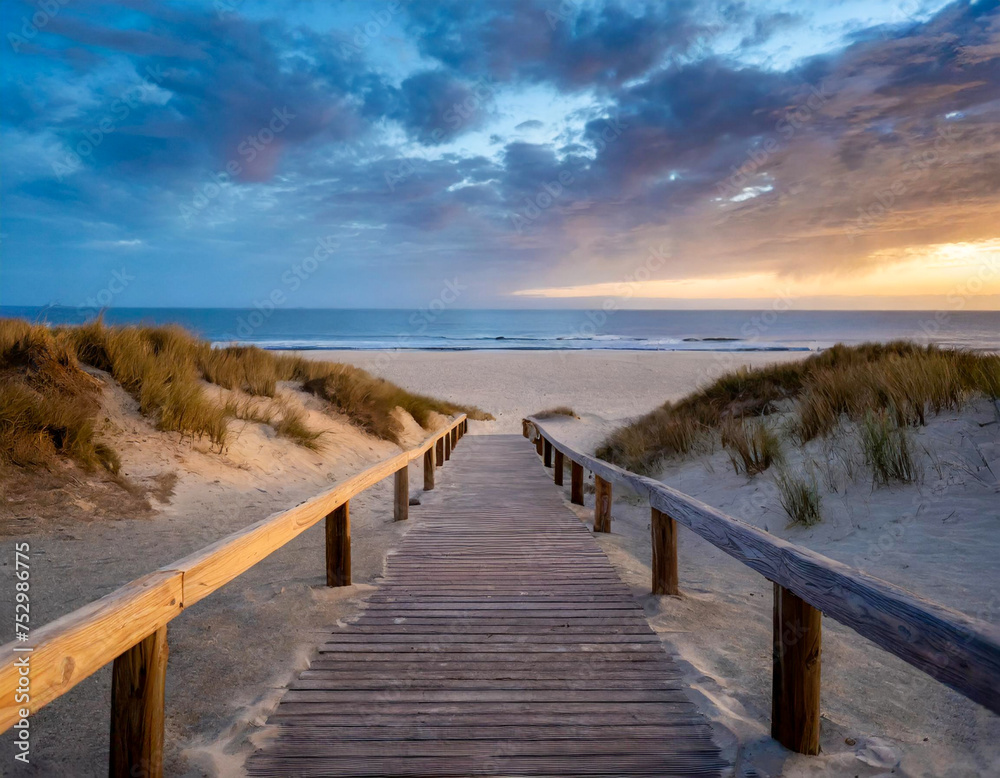 sea sandy wooden path access in sand beach in ocean coast horizon in blue hour