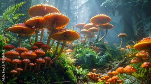 Fantastic mushrooms in magical forest. Fly agaric growing in forest