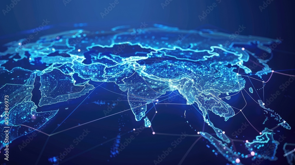 Explore the dynamic nexus of data transfer, cyber technology, and telecommunication with an abstract digital map showcasing South Asia—an embodiment of Asian global network and connectivity. - obrazy, fototapety, plakaty 