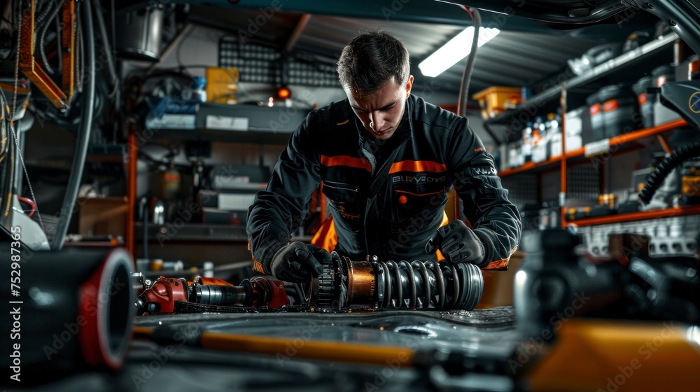The sound of steel wrenches clinking echoed through the mechanic's garage as he worked on the vehicle's wheel, causing a shock of excitement in the air with his precise engineering skills while drivin The sound of steel wrenches clinking echoed through the mechanic's garage as he worked on the vehicle's wheel, causing a shock of excitement in the air with his precise engineering skills while drivin