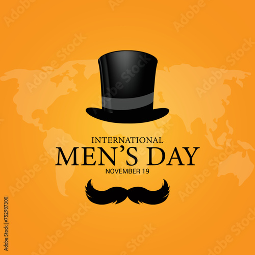 International Men's Day card with an orange background, featuring a hat and mustache. Celebrates men's contributions to society with a message of appreciation and honor