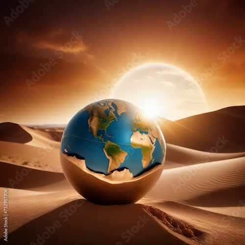 Globe of planet Earth in the desert.