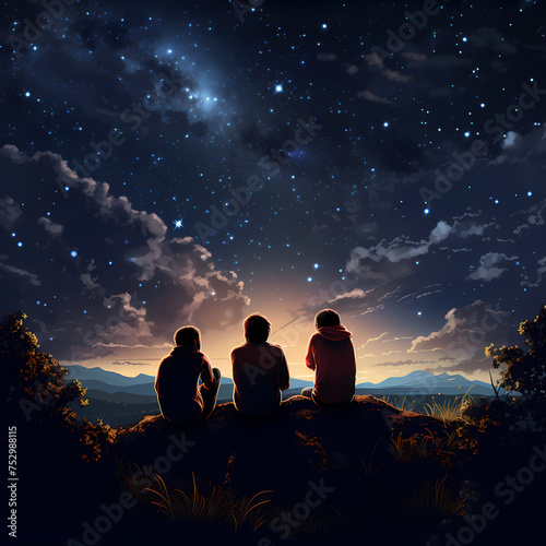 A group of friends stargazing on a clear night.