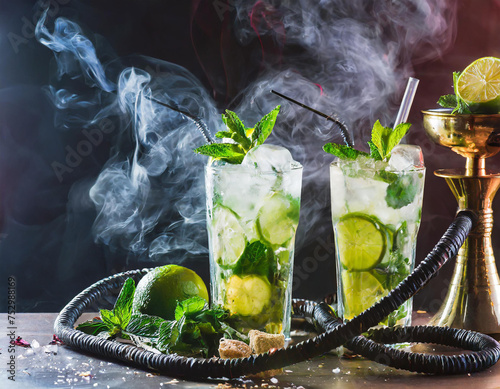 Mojito drinks on a Table with Beautiful Lighting and smoke from the hookah