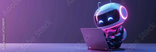 Cute friendly artificial intelligence robot using laptop computer with purple neon glow light, chatbot and AI assistant concept futuristic technology 3d illustration, banner