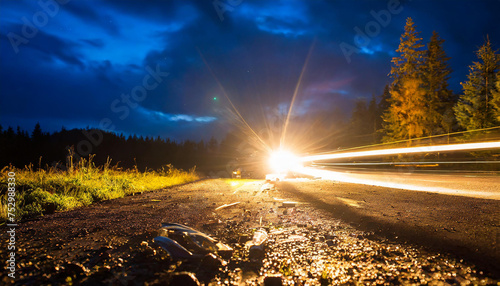 Night accident with a pillar of lighting on the road at shallow depth of field