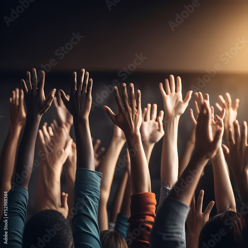 A group of people raising their hands in unity.