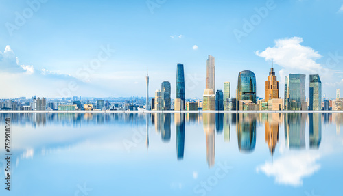 City commercial buildings skyline and water reflection in Guangzhou