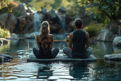 European couple enjoying calmness meditating in garden with greenery and watervall, Generative Ai 