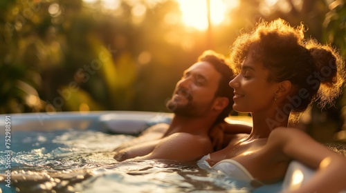 couple lover happy enjoying spend time together in swimming pool at sunset time, Generative Ai 