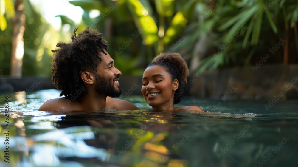 African couple lover happy enjoying spend time together in swimming pool at sunset time, Generative Ai	