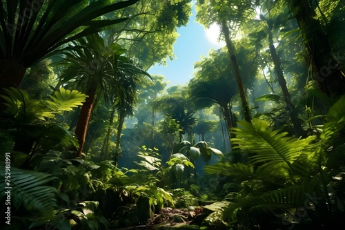 Lush Tropical Rainforest Canopy: A lush and dense tropical rainforest, showcasing the vibrant greenery and diversity of exotic plants.