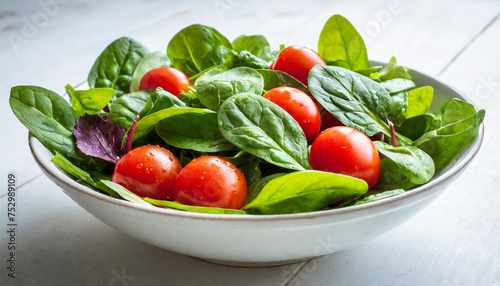 The background of a salad bowl is white and it is filled with spinach leaves, cherry tomatoes, lettuce, cucumbers, and many other vegetables.