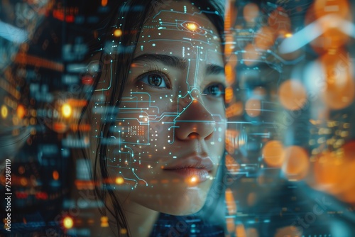 closeup woman face with reflecting light of electric circuit on her face, futuristic business solutions technology and strategy concept, Generative Ai
