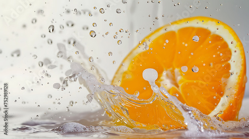 Close-up of a orange half falling into water, creating a splash.