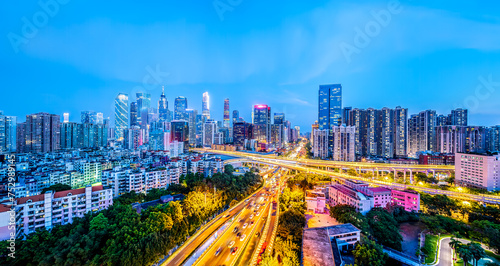 Downtown commercial buildings skyline and highway in Guangzhou