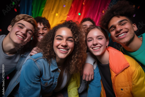A diverse group of teenagers laughs and celebrates, gathered under a rainbow flag, embodying the spirit of pride and joy. 