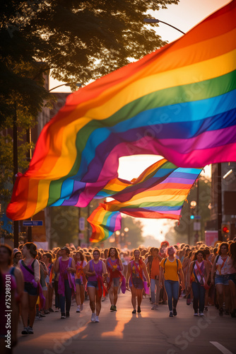 Participants in a pride parade carry a large rainbow flag through the city streets at sunset, a symbol of LGBTQ+ solidarity and celebration. 