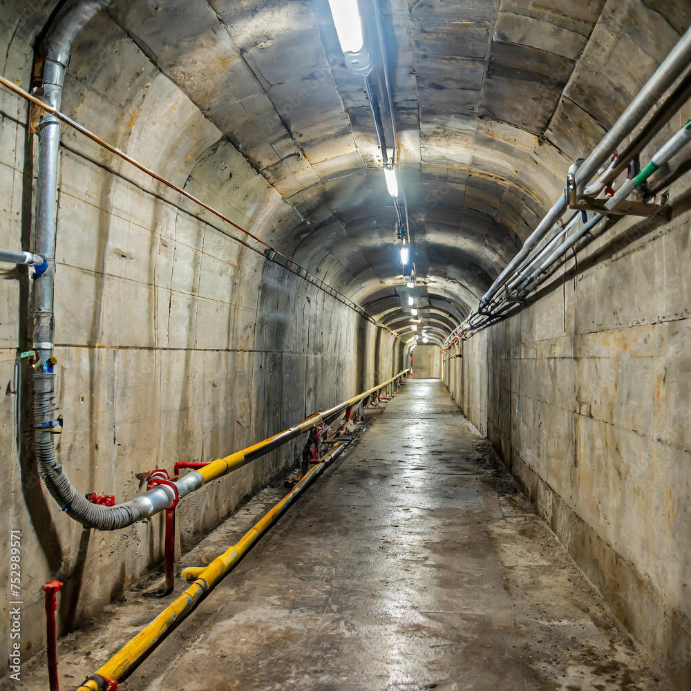 Underground maintenance tunnel corridor hallway passage with pipes on wall