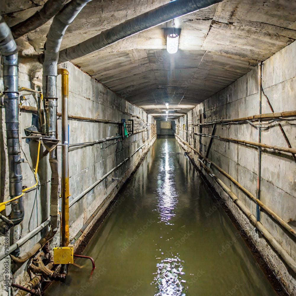 Underground maintenance tunnel corridor hallway passage with pipes on wall