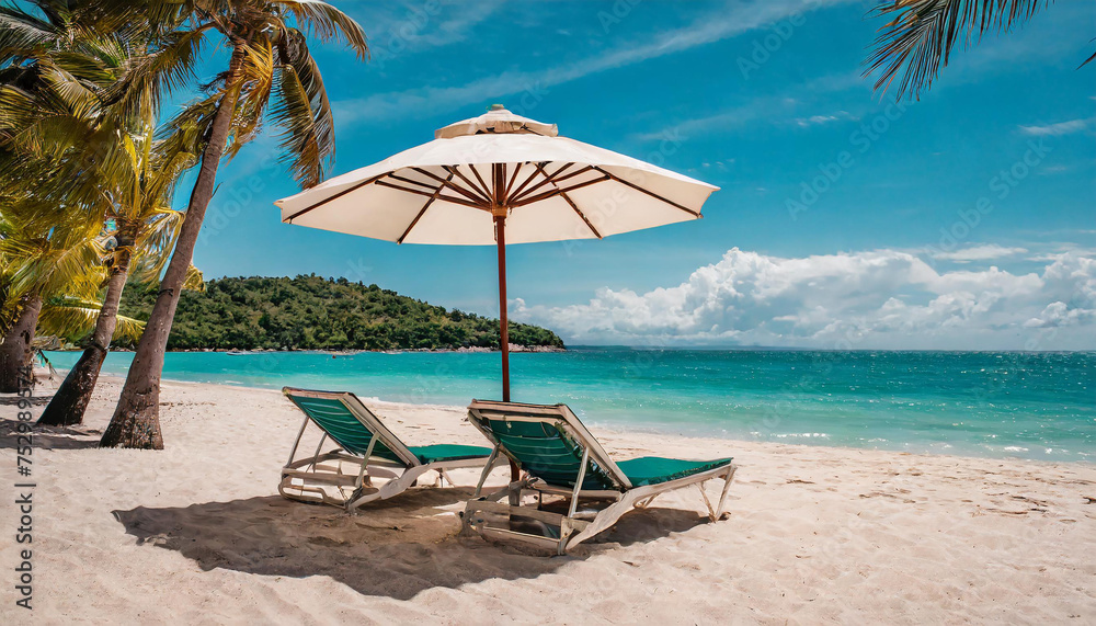 Two beach chairs under an umbrella on a sandy beach, with a turquoise ocean and palm trees in the background. Perfect for summer vacation and relaxation