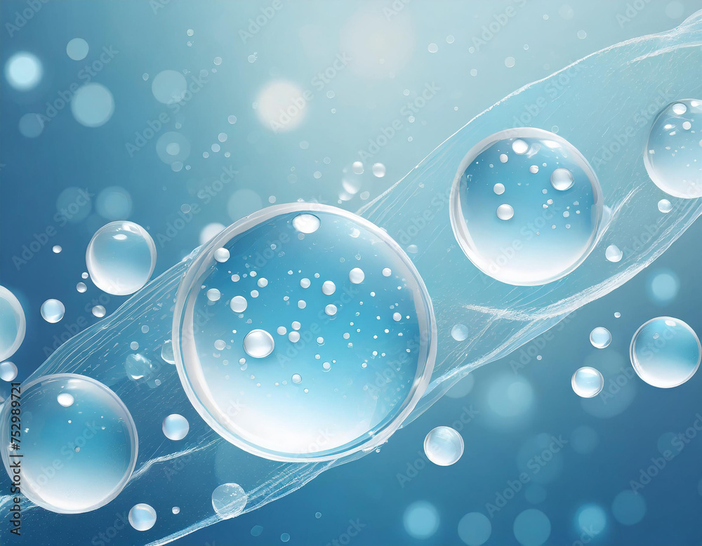 water drops and bubbles, molecules organic compounds blue background,Collagen Skin Serum and Vitamin , bubbles in water, playful and vibrant, for beauty skin care cosmetics, spa products,banner
