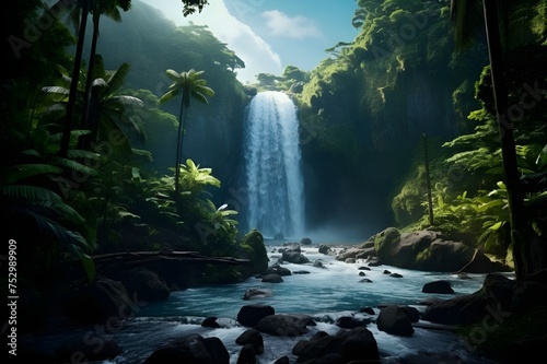 Dynamic Waterfall in a Tropical Paradise  A powerful waterfall cascading down lush tropical surroundings  capturing the raw beauty of nature.  