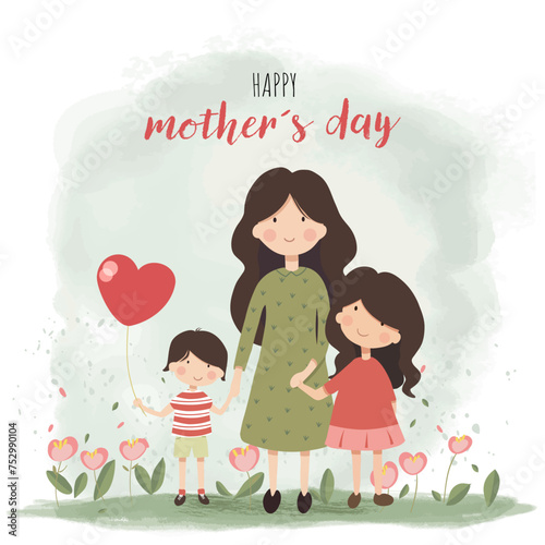 Happy mothers day greeting illustration of a mother with two children holding a red heart shaped balloon