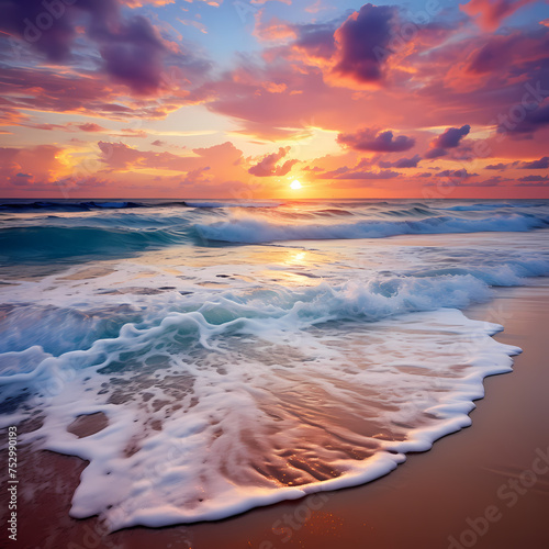 A serene beach at sunrise with vibrant colors. 