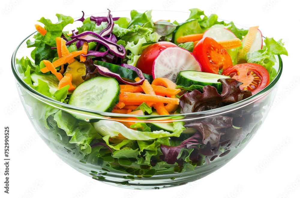 Colorful fresh mixed vegetable salad in clear bowl on transparent background - stock png. Colorful fresh mixed vegetable salad in clear bowl on transparent background - stock png.