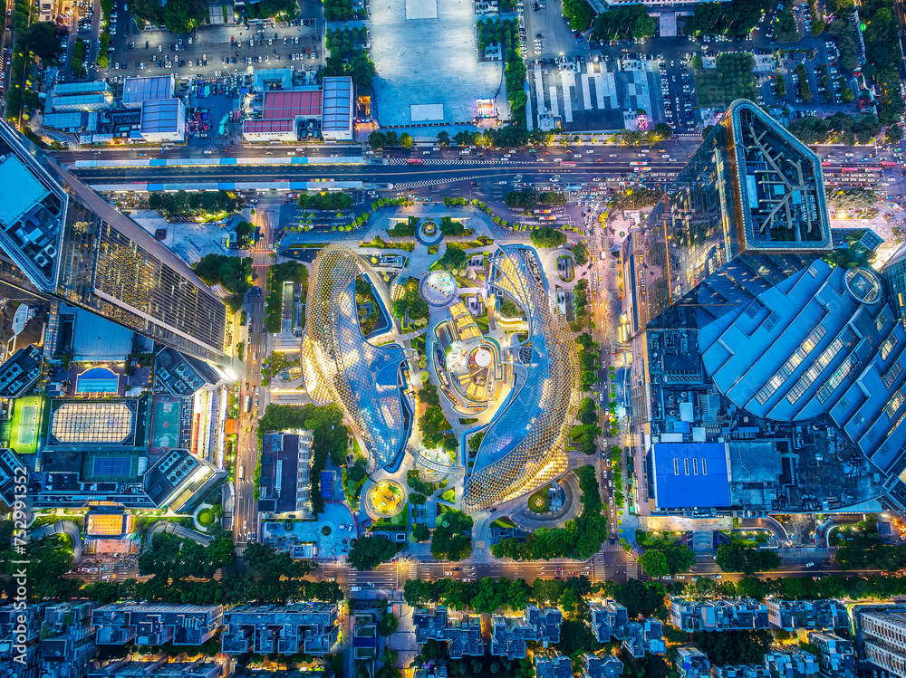 Aerial view of downtown commercial buildings in Guangzhou