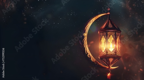 ramadan islamic greeting card of crescent moon decoration and lanterns with copy space area banner © Muzikitooo