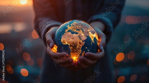 Hands holding a luminous globe  symbolizing global care and connection