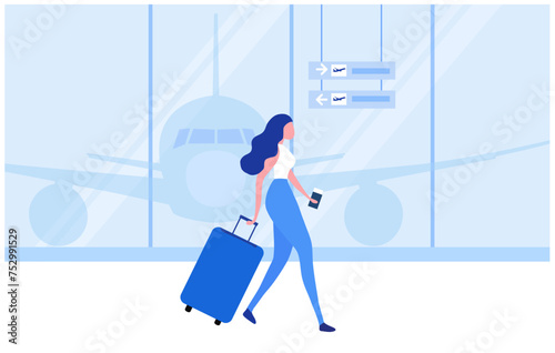 Travel aboard concept, Woman with travelling bag walking at the airport vector illustration. 